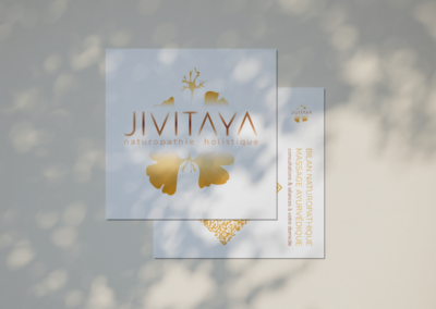 Logo JIVITAYA et design carte de visite avec impression encres végétales sur papier 100% recyclé