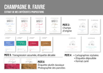 Axes proposés pour la refonte d'identité de la maison R. Faivre et ses étiquettes : 1 étiquette = 1 cuvée